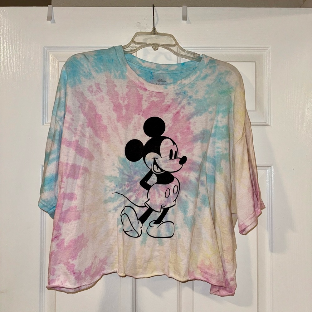 Disney Pastel Pink Blue Yellow Tie-Dye Mickey Mouse Cropped Tee - Size XL 💗